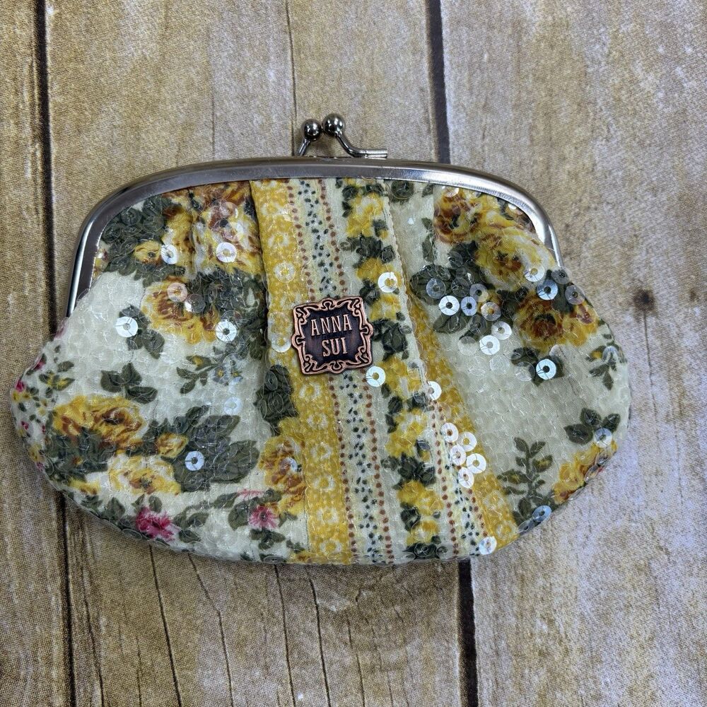 Anna Sui Floral Wallet Change Coin Purse 6”x4” Yellow Floral Sequin